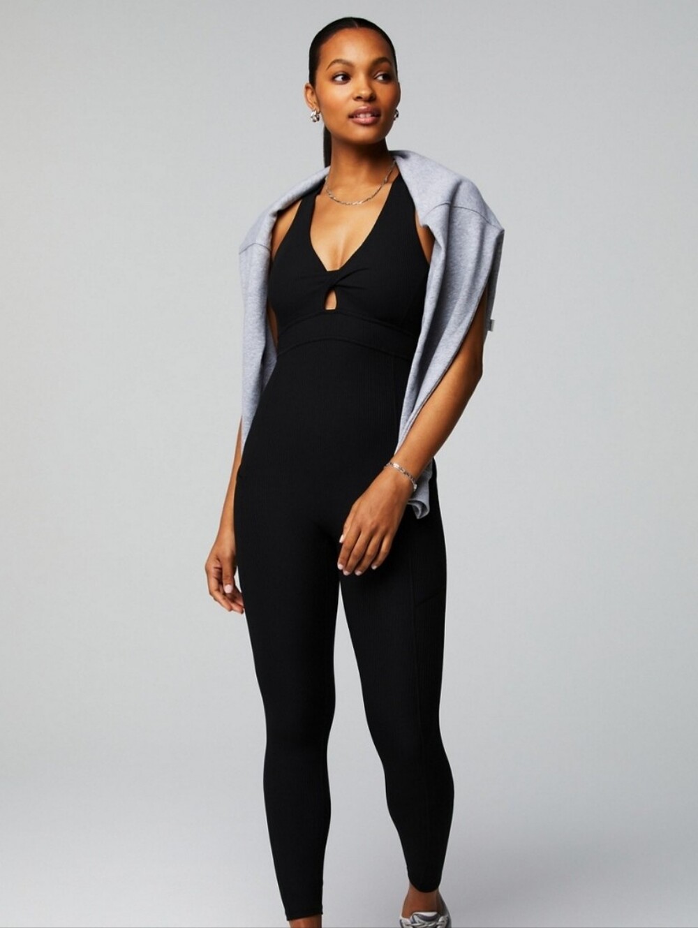 New!Fabletics Black Women's Sleeveless Oasis Rib Twist Front 7/8 Jumpsuit Athlet